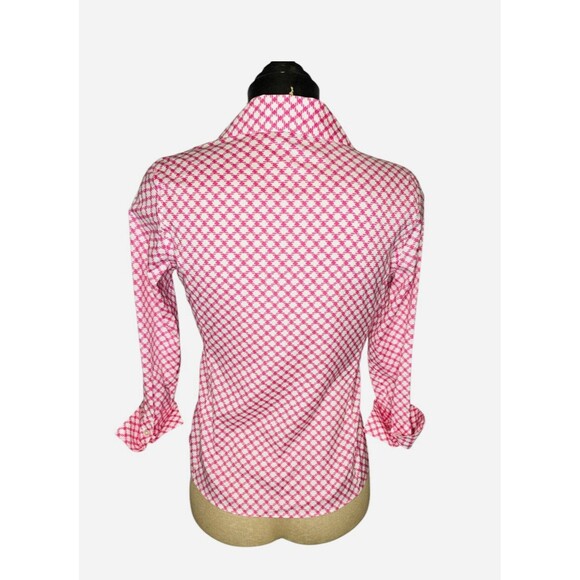 Talbots Wrinkle Resistant Pink White Diamond Print Blouse 2P Button Down Preppy - Picture 3 of 8